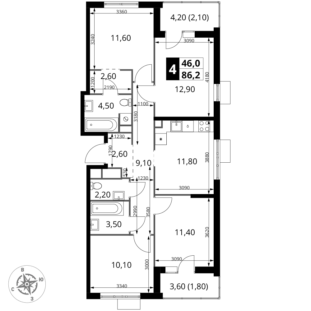 4-комнатная 86 м2 в ЖК 1-й Химкинский корпус null этаж 10