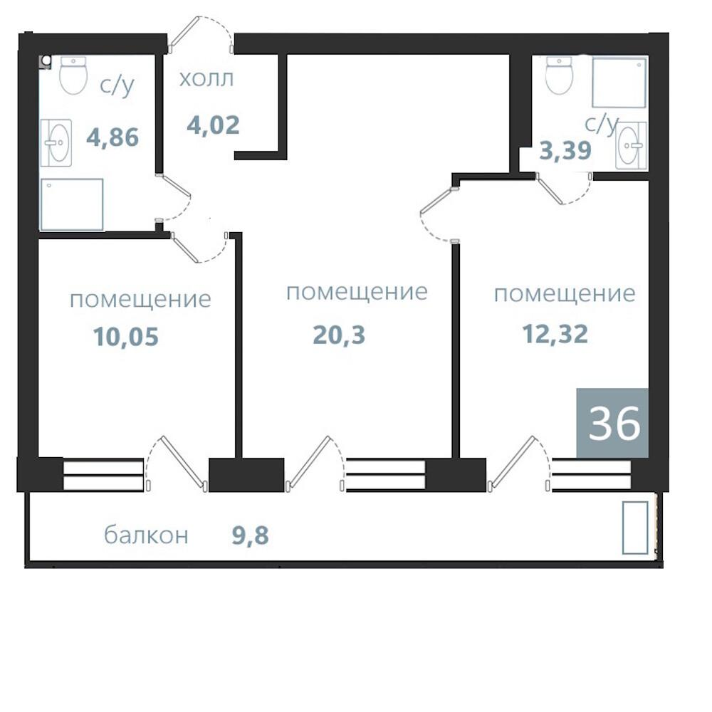 3-комнатная 64 м2 в ЖК Апарт-комплекс «Престиж парк» корпус null этаж 2