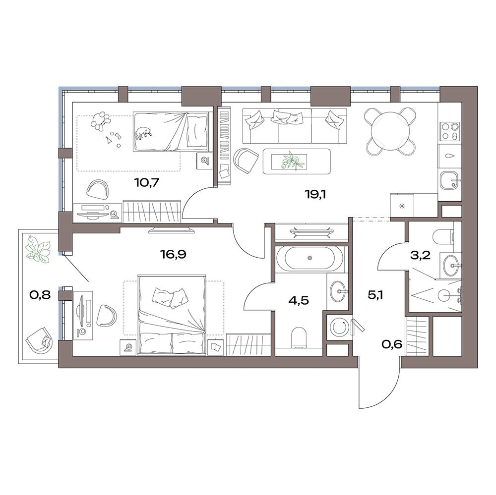 3-комнатная 60 м2 в ЖК Акценты корпус null этаж 4
