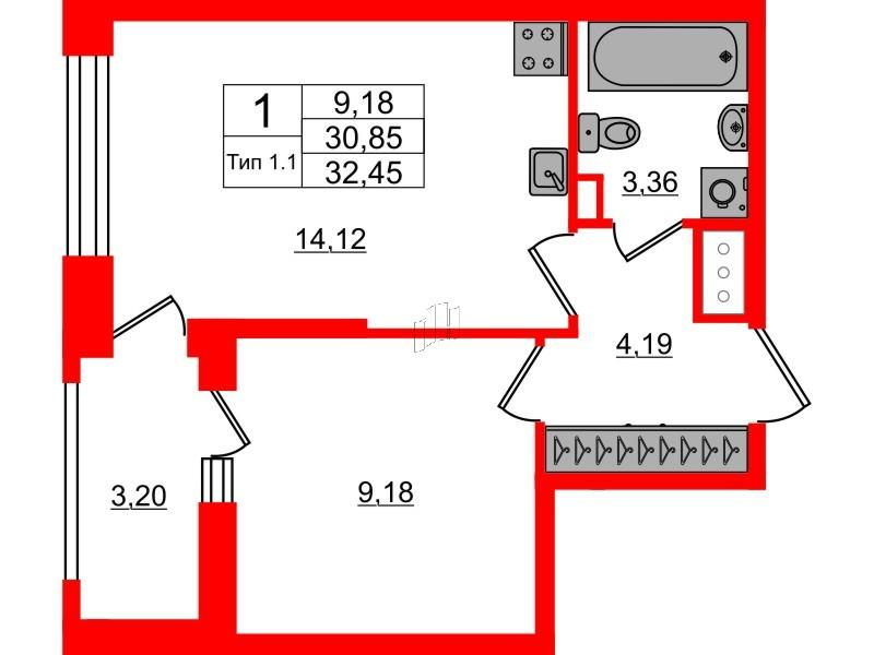 1-комнатная 30 м2 в ЖК Setl Ривьера корпус null этаж 15