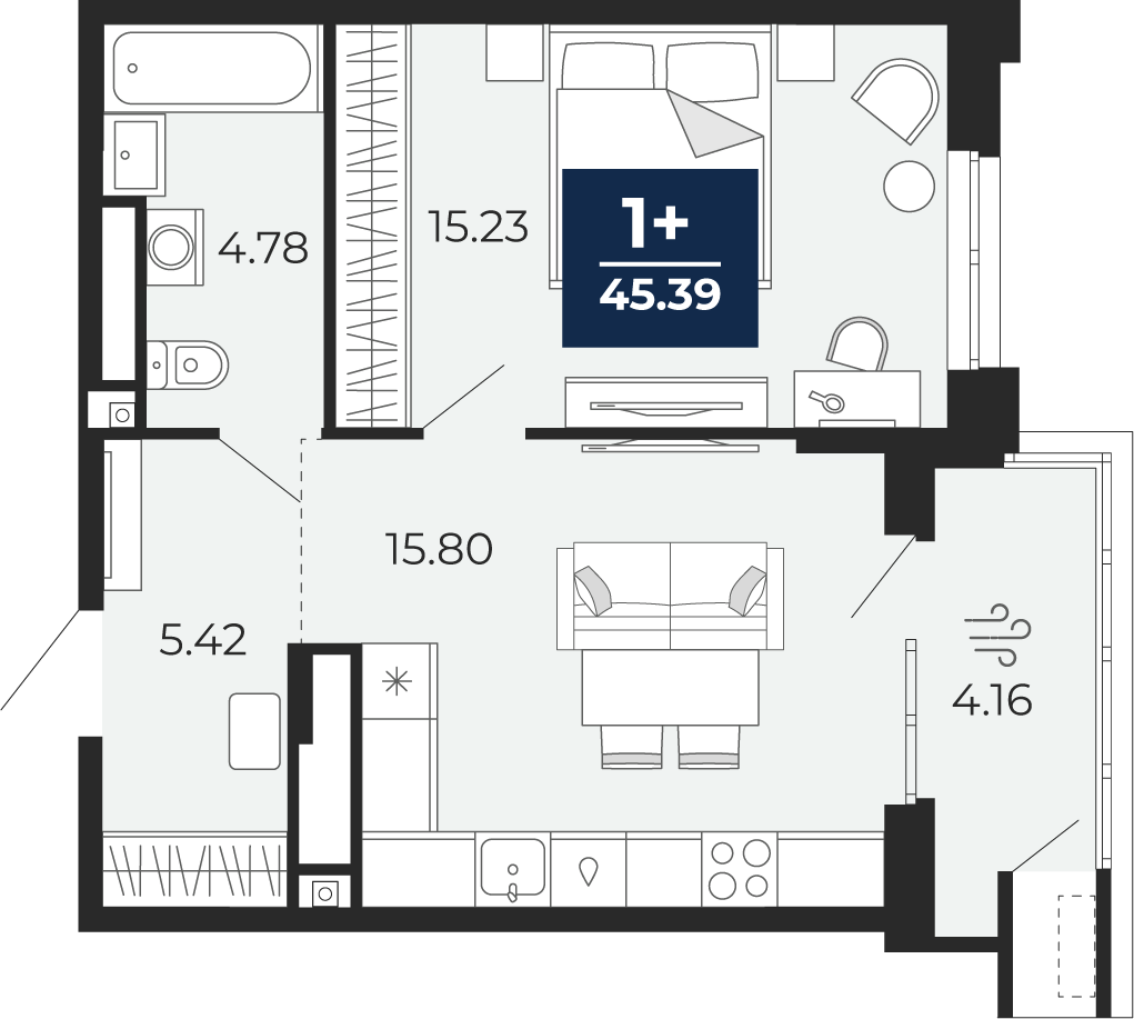 1-комнатная 41 м2 в ЖК Мириады корпус null этаж 7