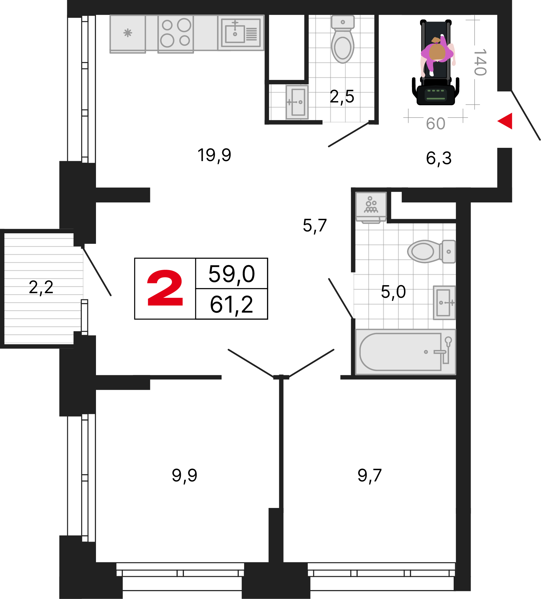 2-комнатная 61 м2 в ЖК Бестселлер корпус null этаж 11