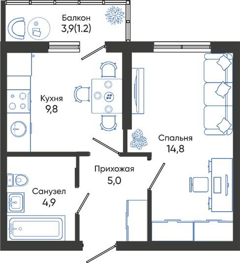 1-комнатная 35 м2 в ЖК Облака корпус null этаж 2