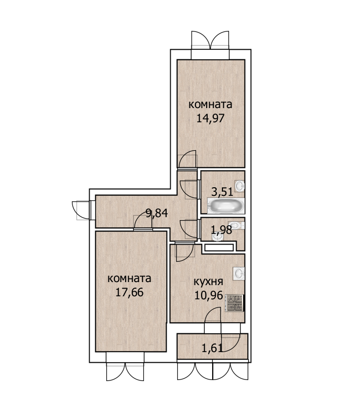 2-комнатная 59.7 м2 в ЖК undefined корпус null этаж 13