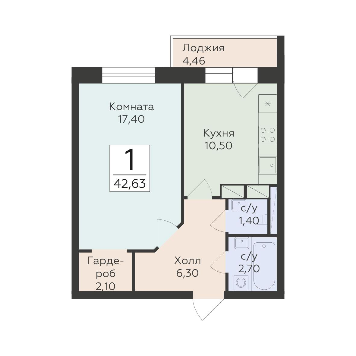 1-комнатная 42 м2 в ЖК Малаховский корпус null этаж 9