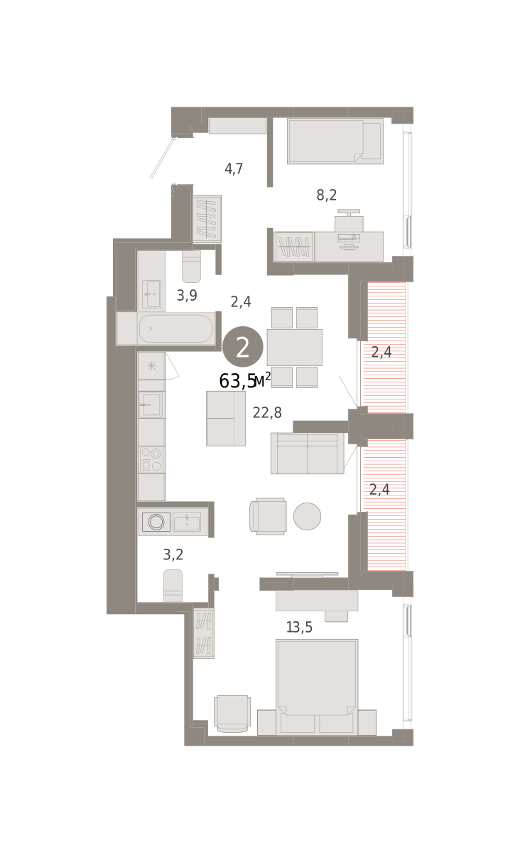 2-комнатная 63 м2 в ЖК Зарека корпус null этаж 22