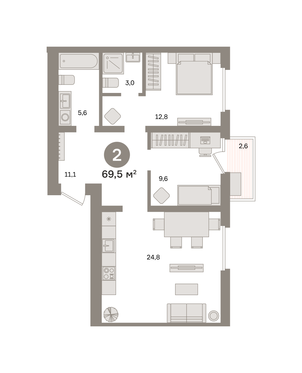 2-комнатная 69 м2 в ЖК Зарека корпус null этаж 6