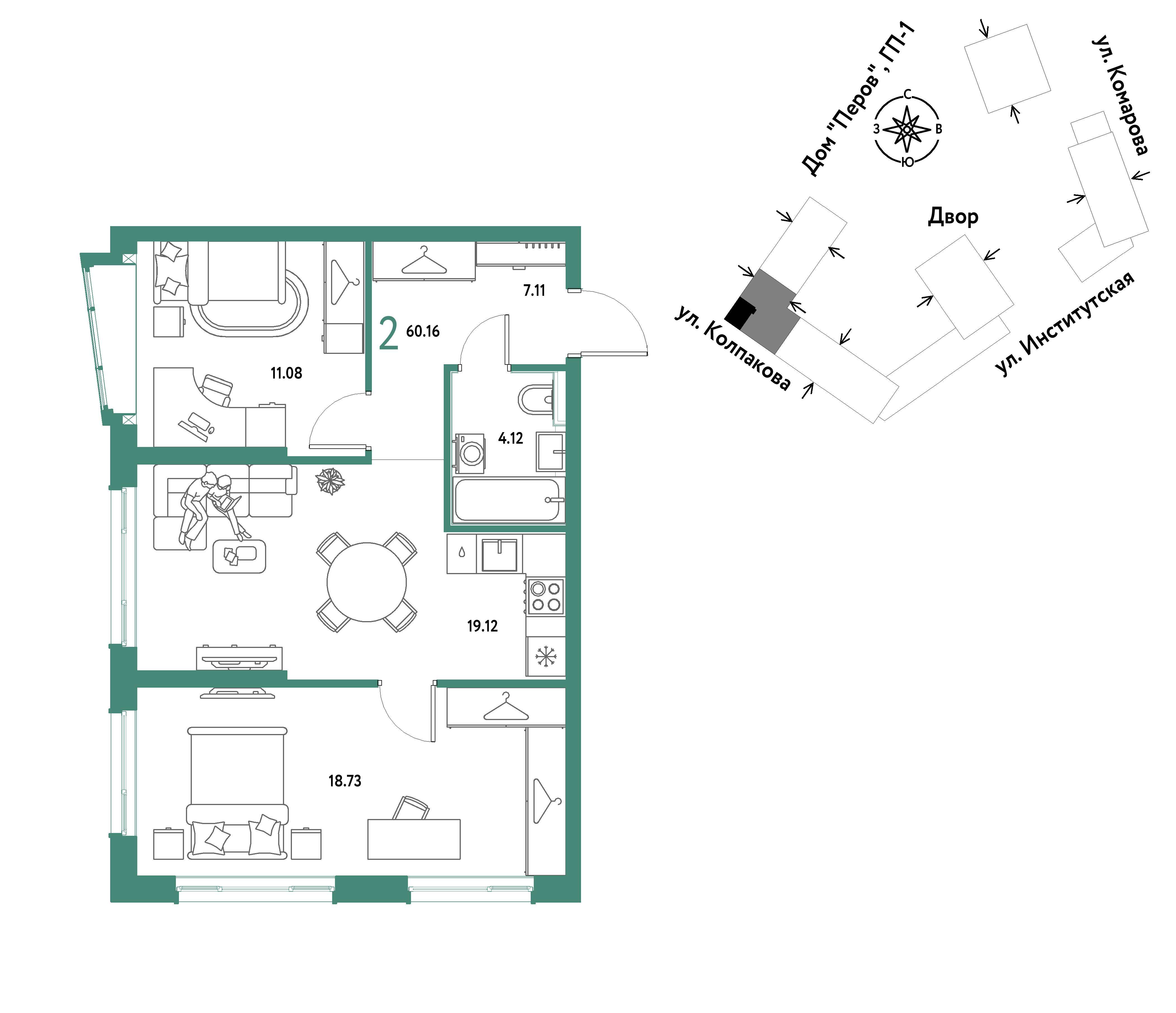 2-комнатная 60 м2 в ЖК Страна.Парковая корпус null этаж 7