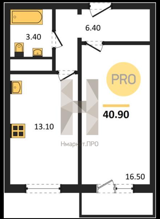 2-комнатная 40.9 м2 в ЖК undefined корпус null этаж 16