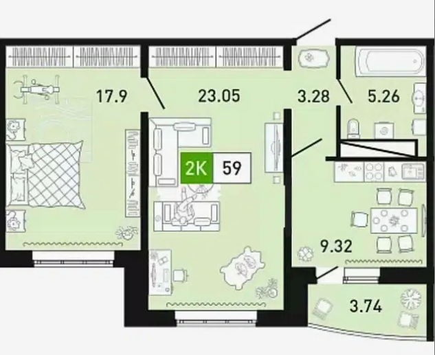 2-комнатная 58.6 м2 в ЖК undefined корпус null этаж 16