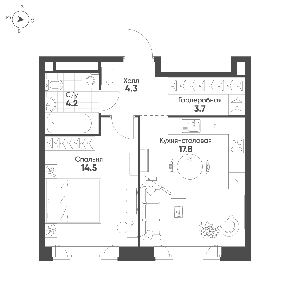 1-комнатная 44 м2 в ЖК Mariinn Park корпус null этаж 11