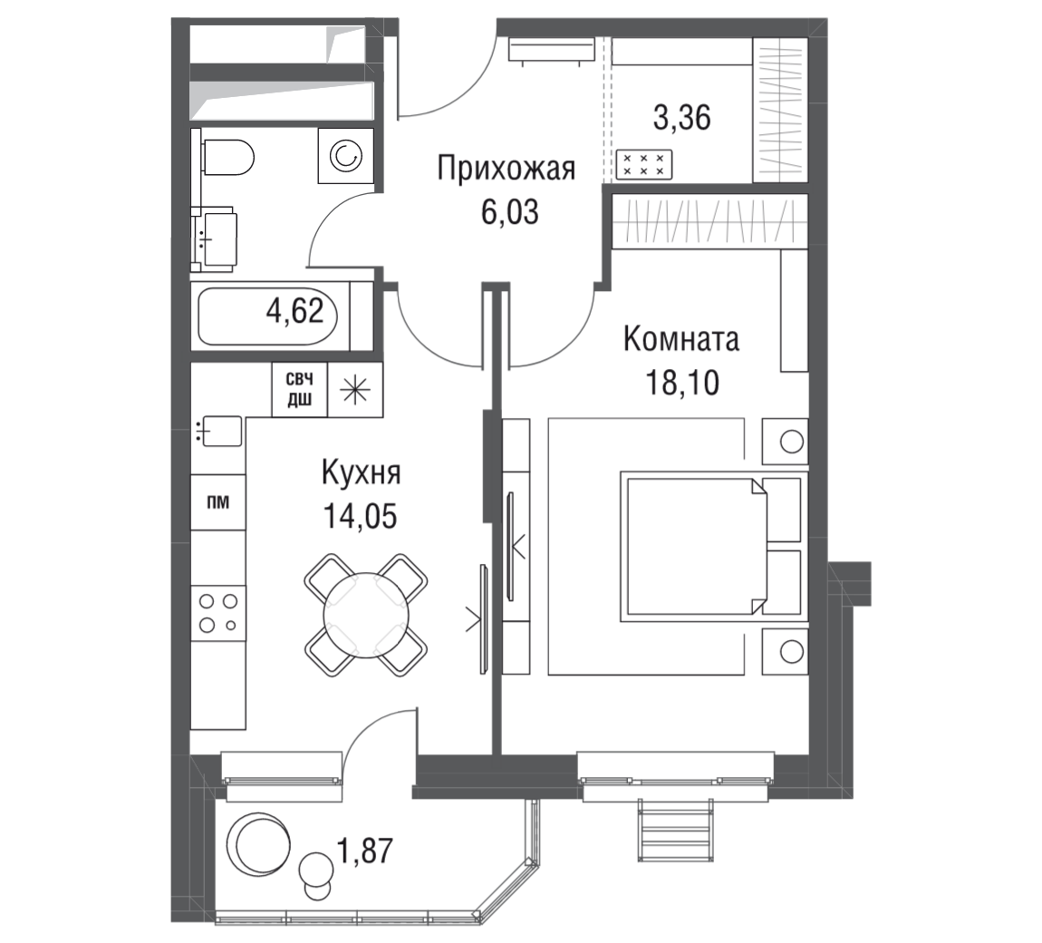 1-комнатная 48 м2 в ЖК Одинбург корпус null этаж 5