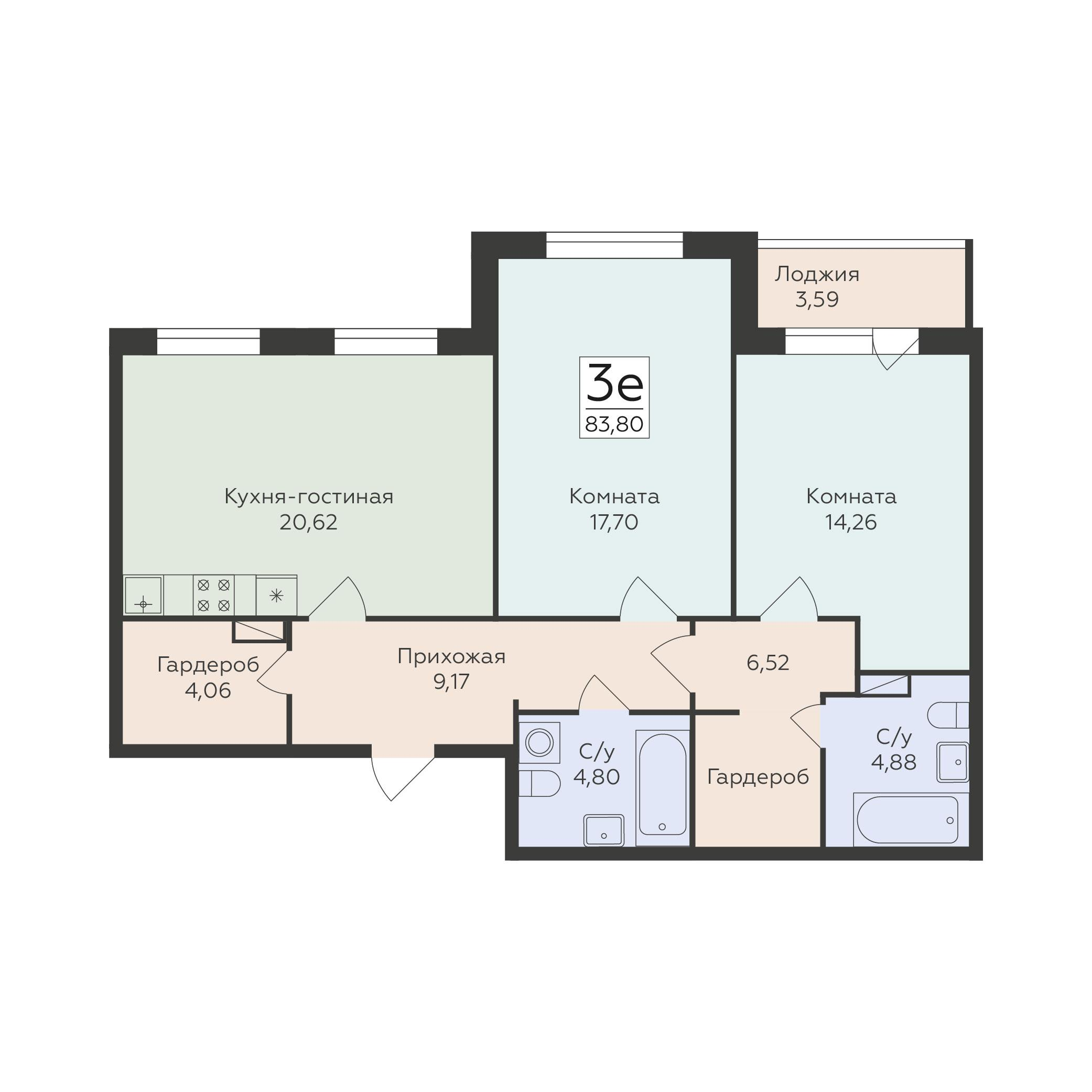 3-комнатная 83 м2 в ЖК Романовский корпус null этаж 12