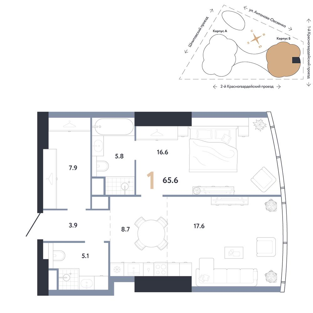 1-комнатная 65 м2 в ЖК АУРУС Резиденции корпус null этаж 9
