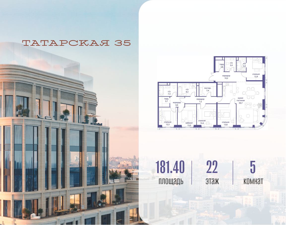 5-комнатная 181 м2 в ЖК Татарская 35 корпус null этаж 22