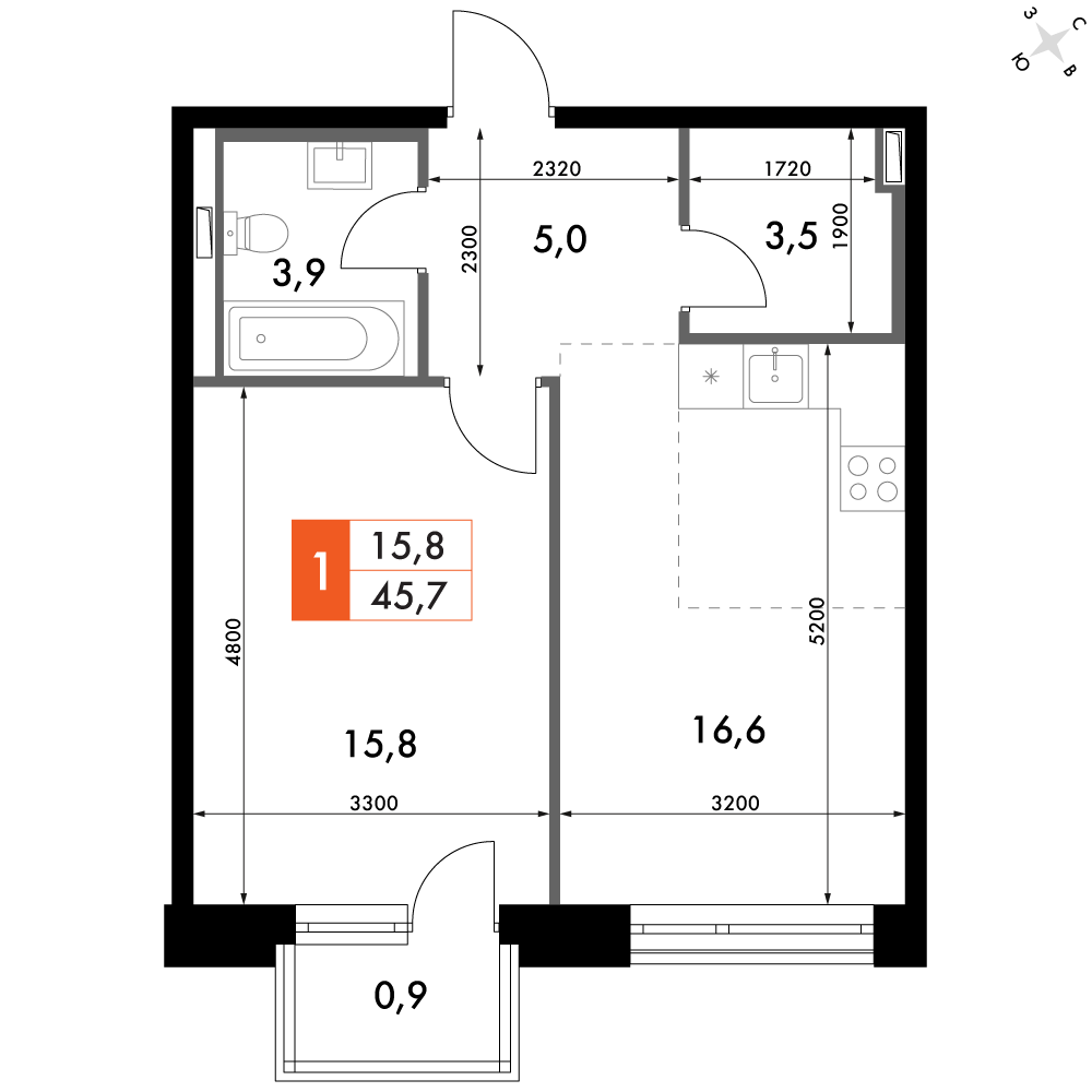 2-комнатная 45 м2 в ЖК Философия корпус null этаж 8