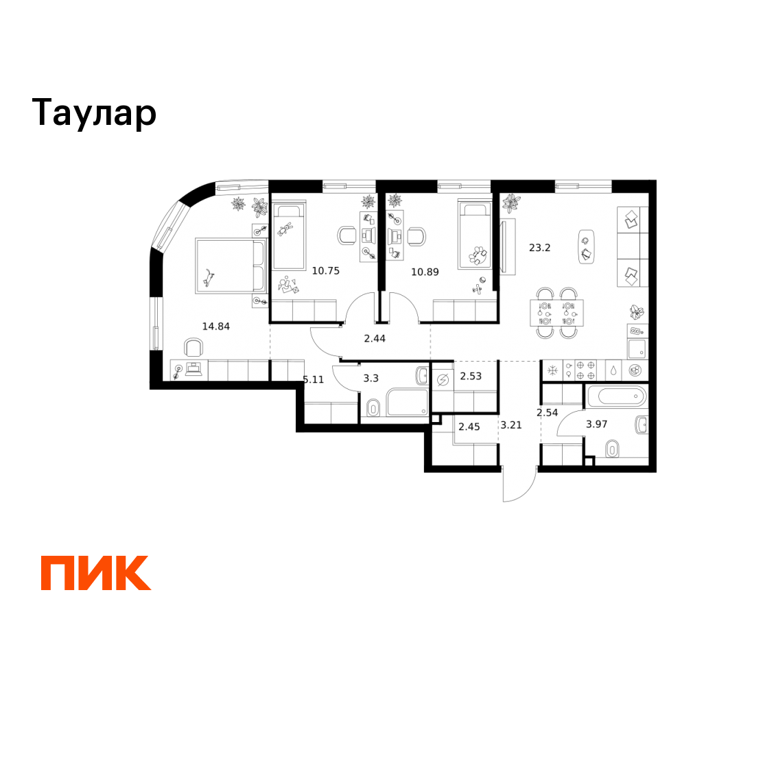 3-комнатная 85 м2 в ЖК Таулар корпус null этаж 3