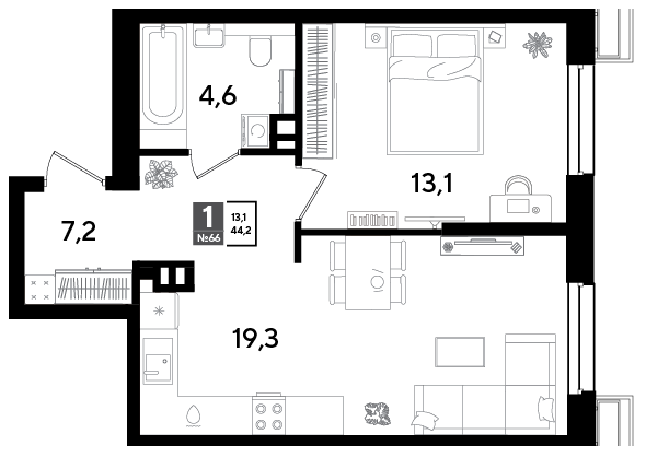 1-комнатная 42 м2 в ЖК Парк Победы 2 корпус null этаж 9