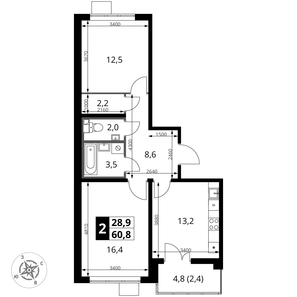 2-комнатная 60 м2 в ЖК 1-й Южный корпус null этаж 6