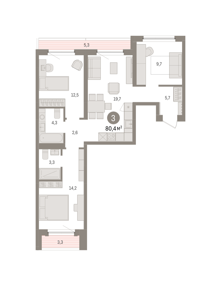 3-комнатная 80 м2 в ЖК Зарека корпус null этаж 6