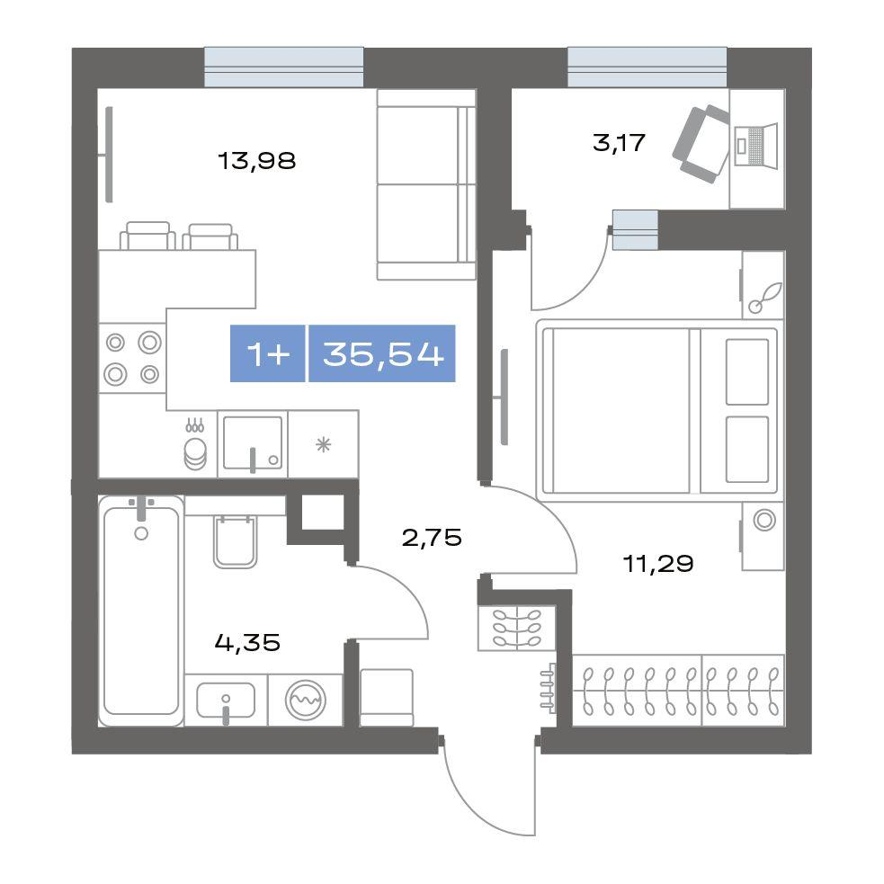 1-комнатная 35 м2 в ЖК Пятнашка корпус null этаж 14