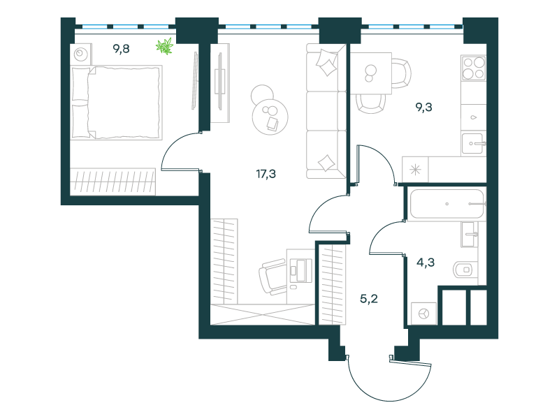 2-комнатная 45 м2 в ЖК Левел Южнопортовая корпус null этаж 13