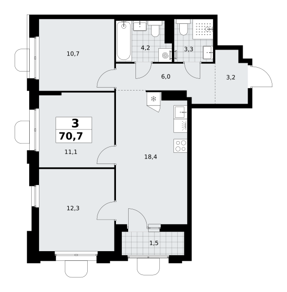 3-комнатная 70 м2 в ЖК Прокшино корпус null этаж 15