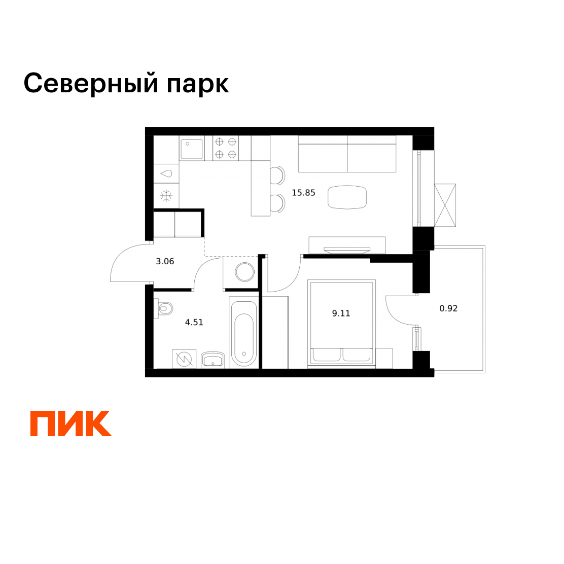 1-комнатная 33 м2 в ЖК Северный парк корпус null этаж 8