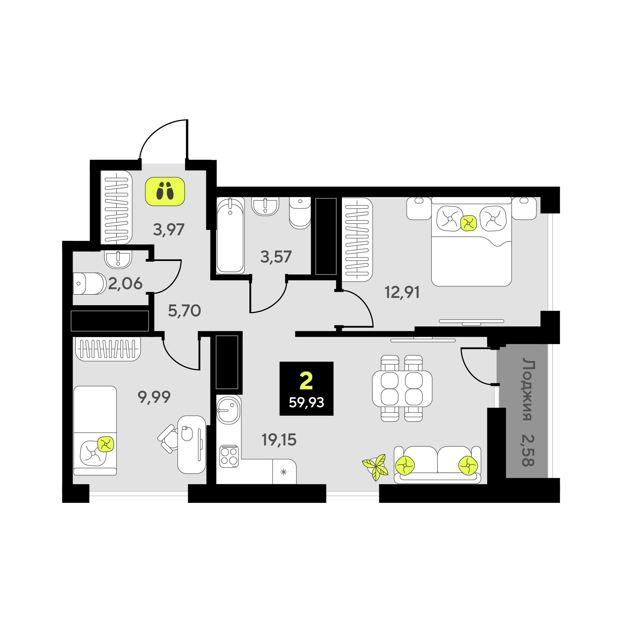 2-комнатная 59 м2 в ЖК Мотивы корпус null этаж 4
