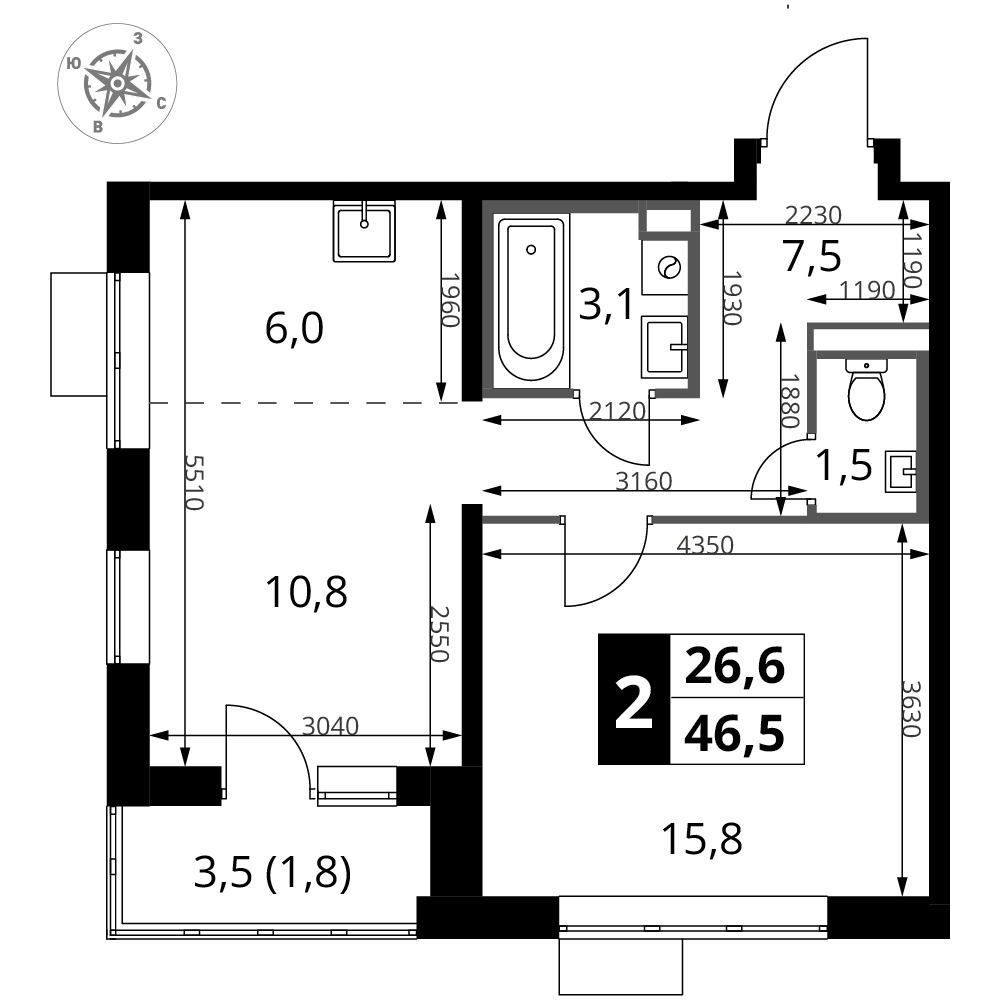 2-комнатная 46 м2 в ЖК 1-й Донской корпус null этаж 4
