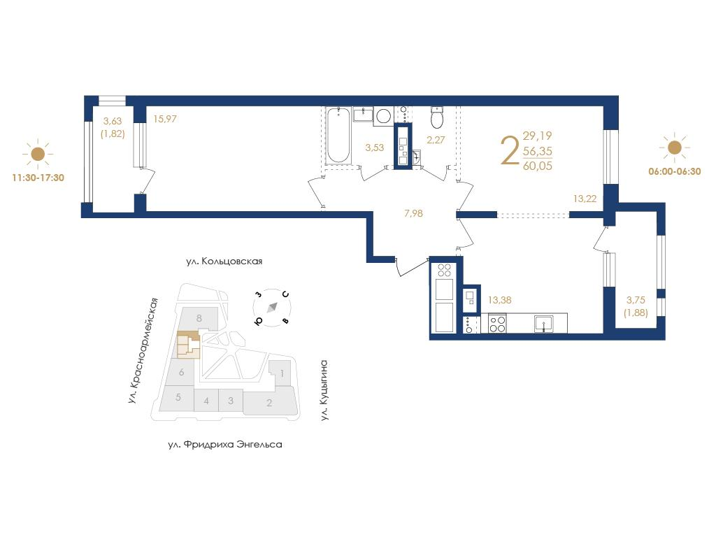 2-комнатная 60 м2 в ЖК Дом на Фридриха Энгельса корпус null этаж 10