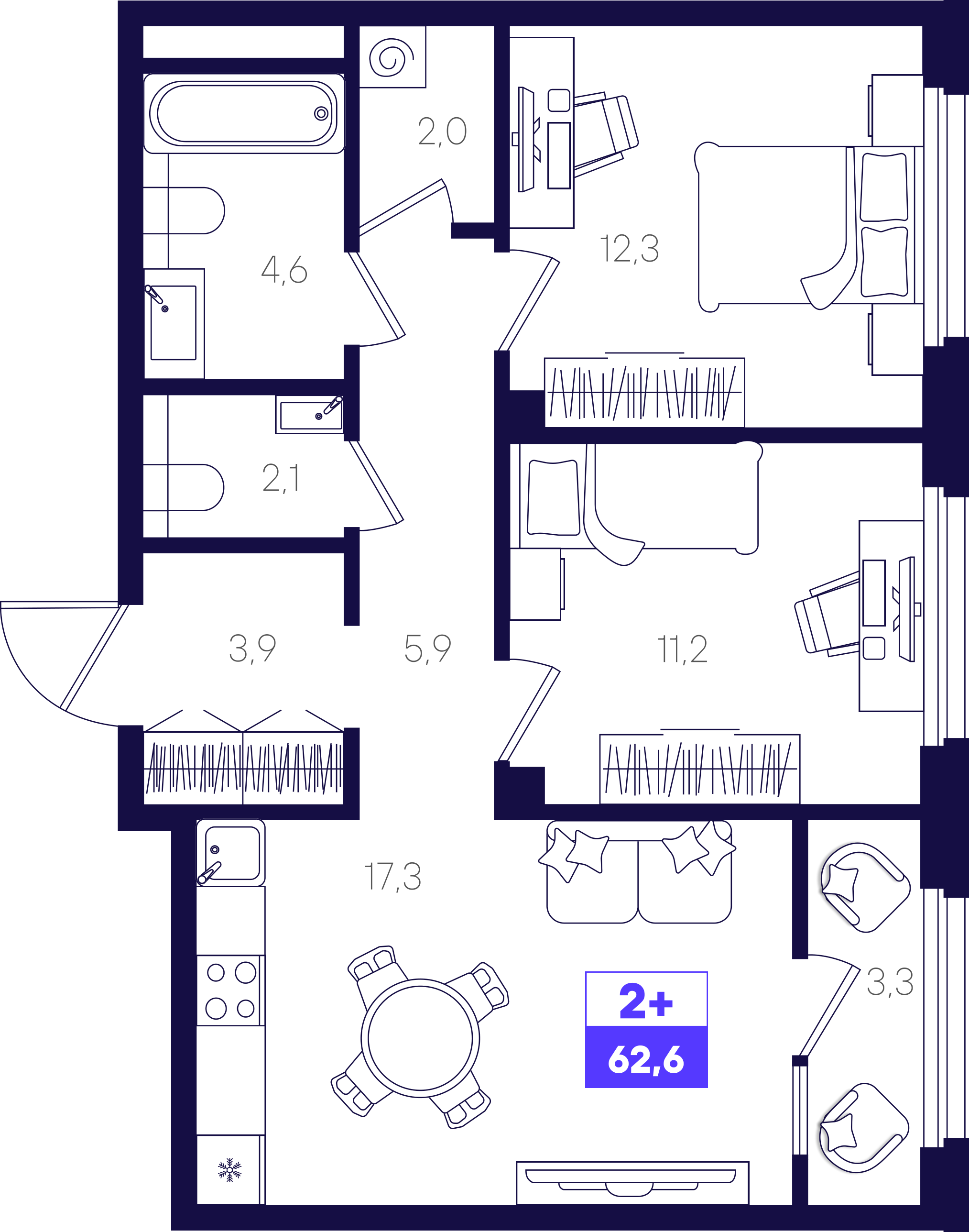 2-комнатная 62 м2 в ЖК Отличие корпус null этаж 5