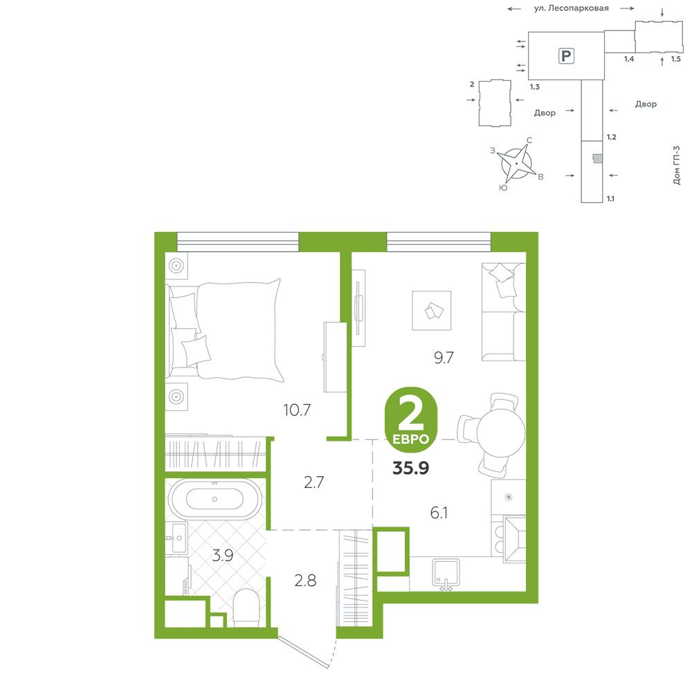 1-комнатная 35 м2 в ЖК Чистые пруды корпус null этаж 12