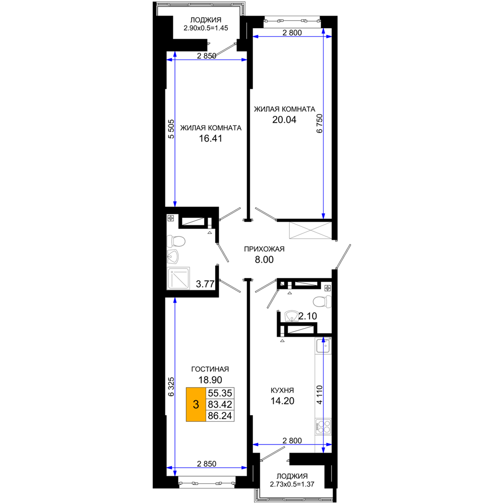 3-комнатная 86 м2 в ЖК Октябрь парк корпус null этаж 13