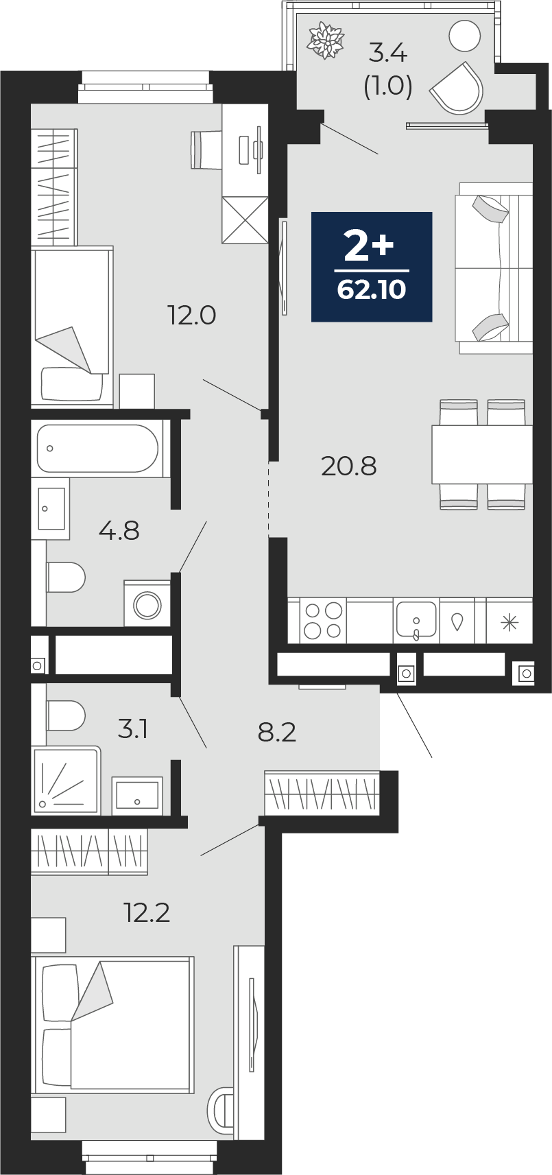 2-комнатная 61 м2 в ЖК Мириады корпус null этаж 3