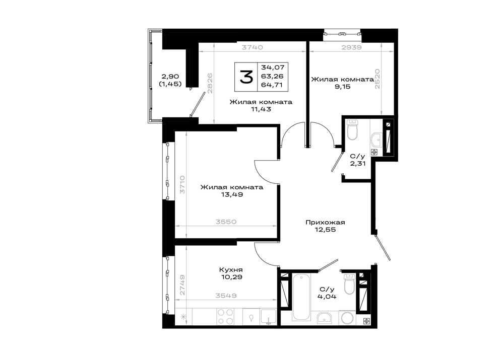 3-комнатная 64 м2 в ЖК Октябрь парк корпус null этаж 4