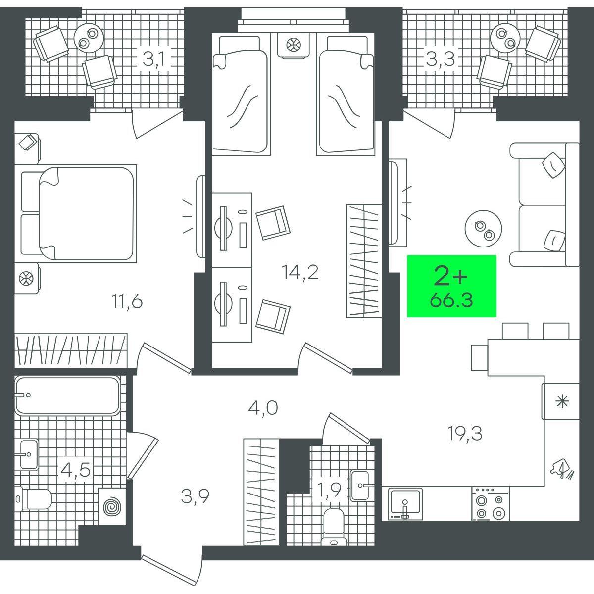 2-комнатная 66 м2 в ЖК Гранд Квартал корпус null этаж 15