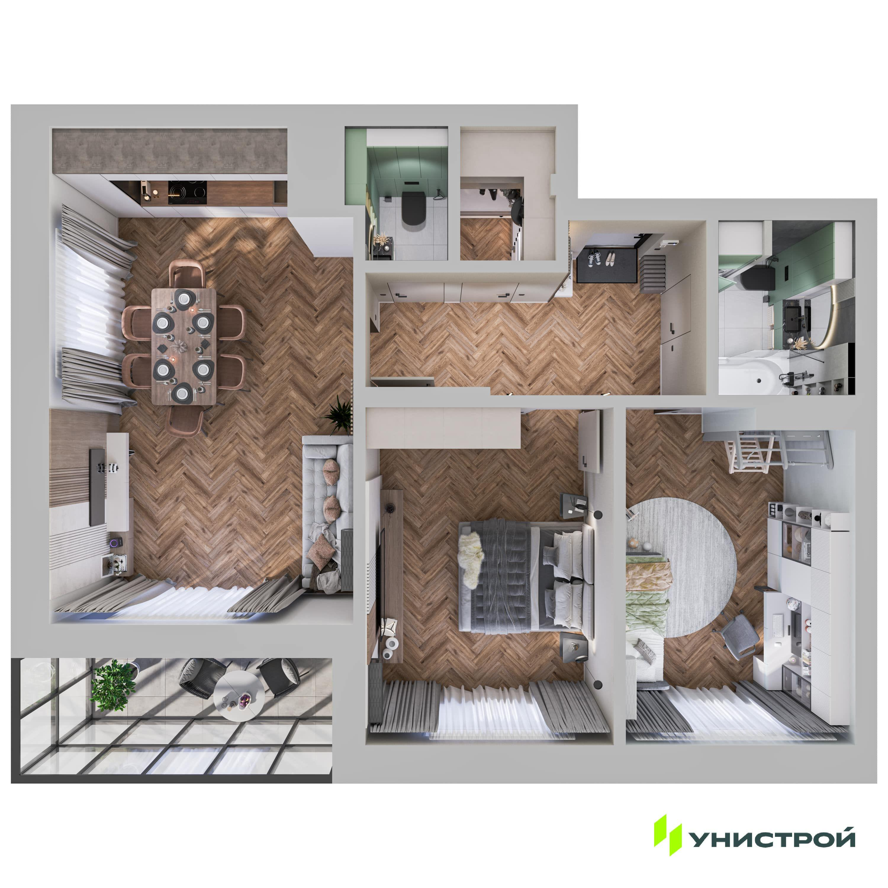 2-комнатная 74 м2 в ЖК Уникум на Ленинском корпус null этаж 13