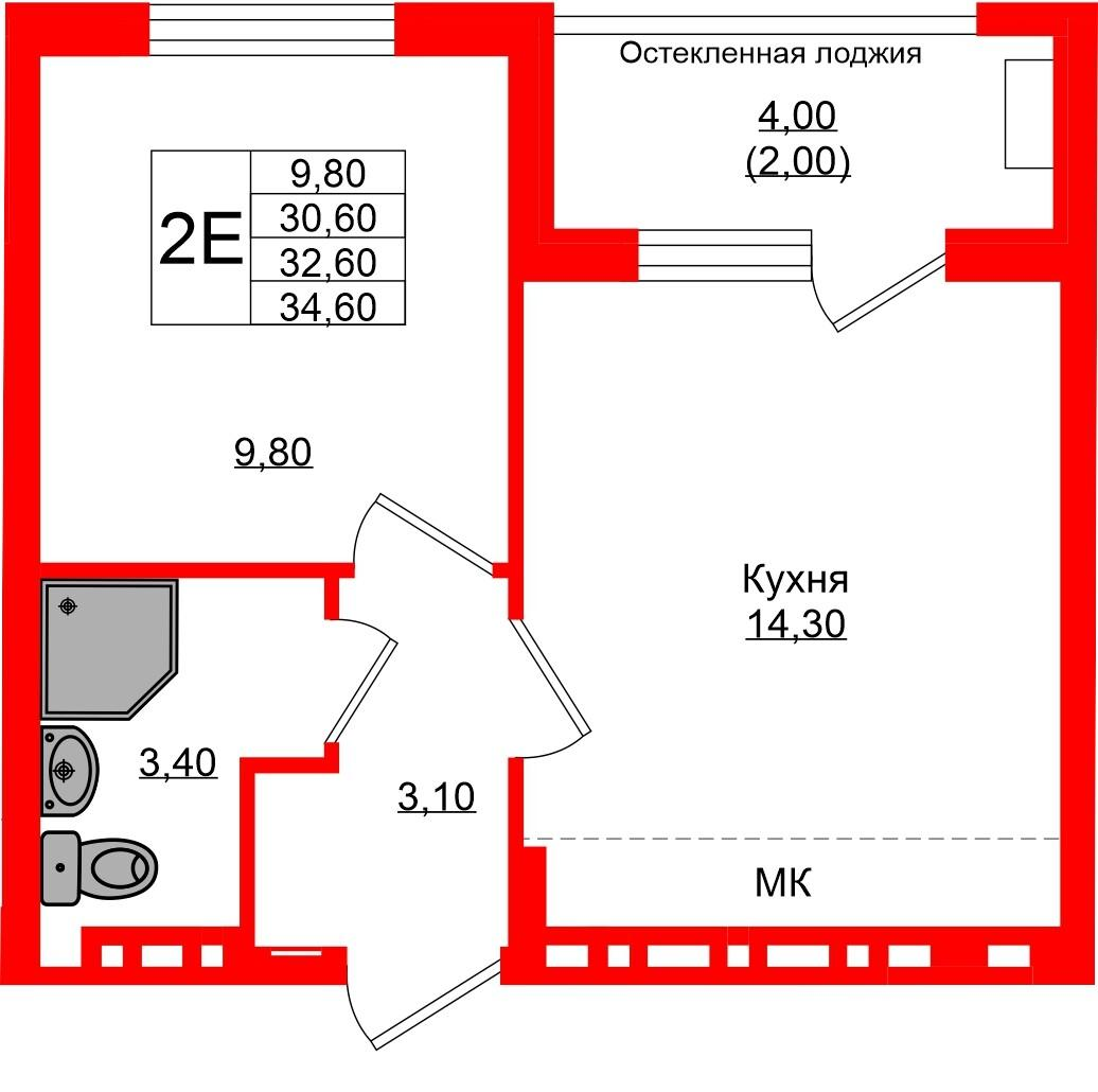 1-комнатная 32 м2 в ЖК Кроны и Волны корпус null этаж 4