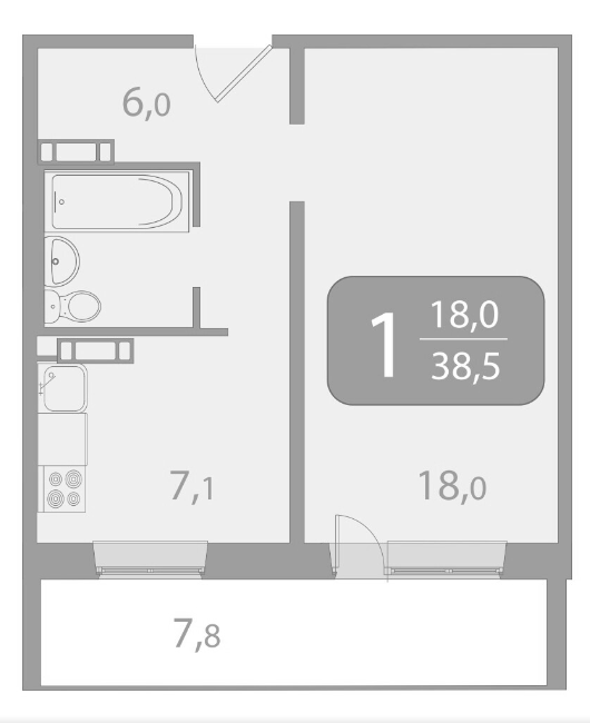1-комнатная 38.6 м2 в ЖК undefined корпус null этаж 14