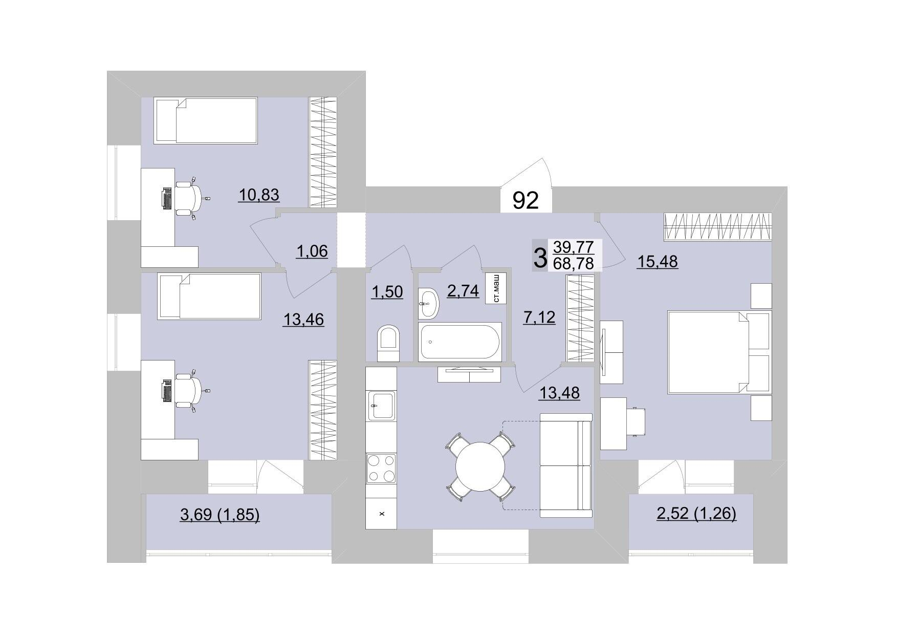 3-комнатная 71 м2 в ЖК Философия Идеалистов на Театральной корпус null этаж 16
