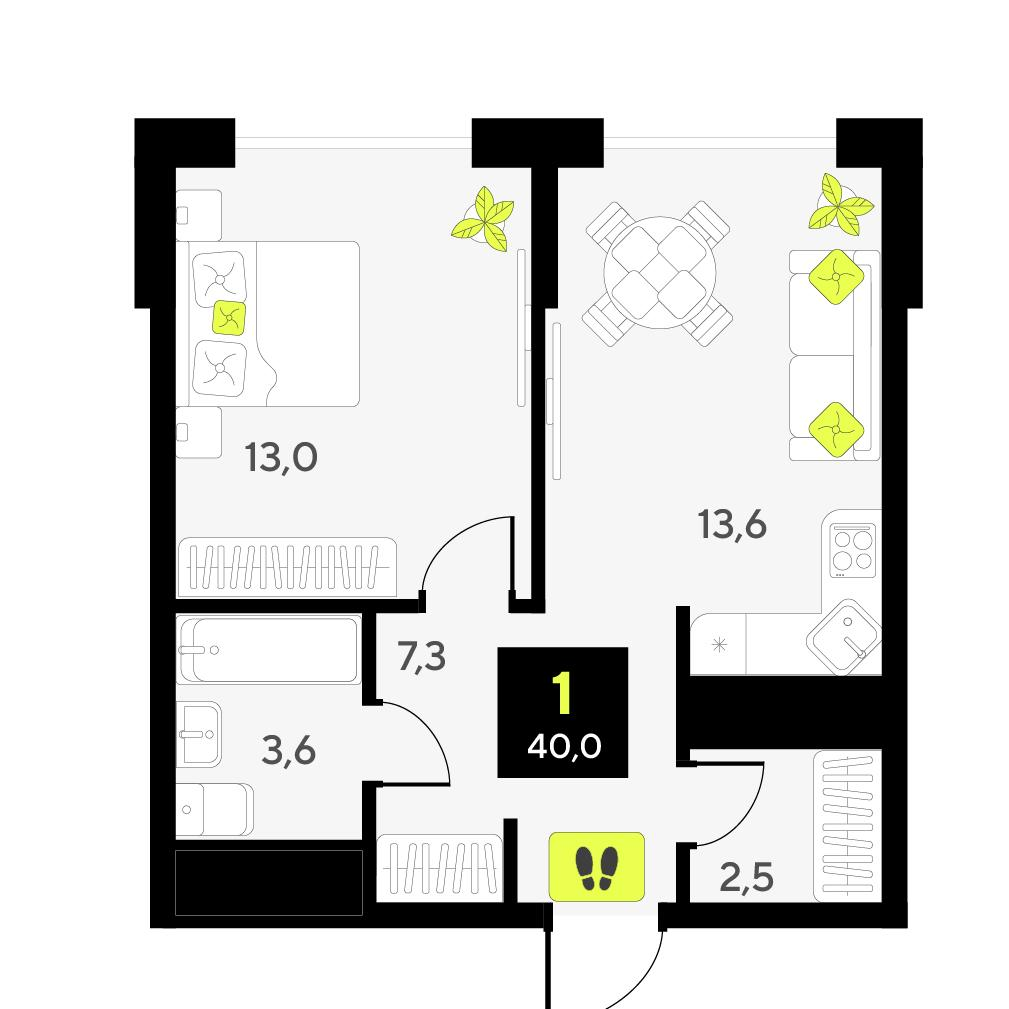 1-комнатная 40 м2 в ЖК Мотивы корпус null этаж 10