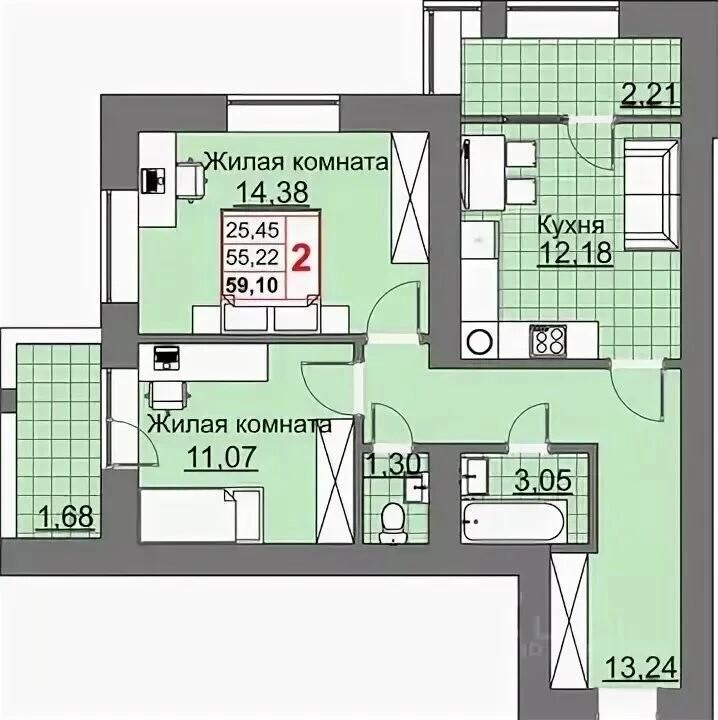 2-комнатная 61.1 м2 в ЖК undefined корпус null этаж 14