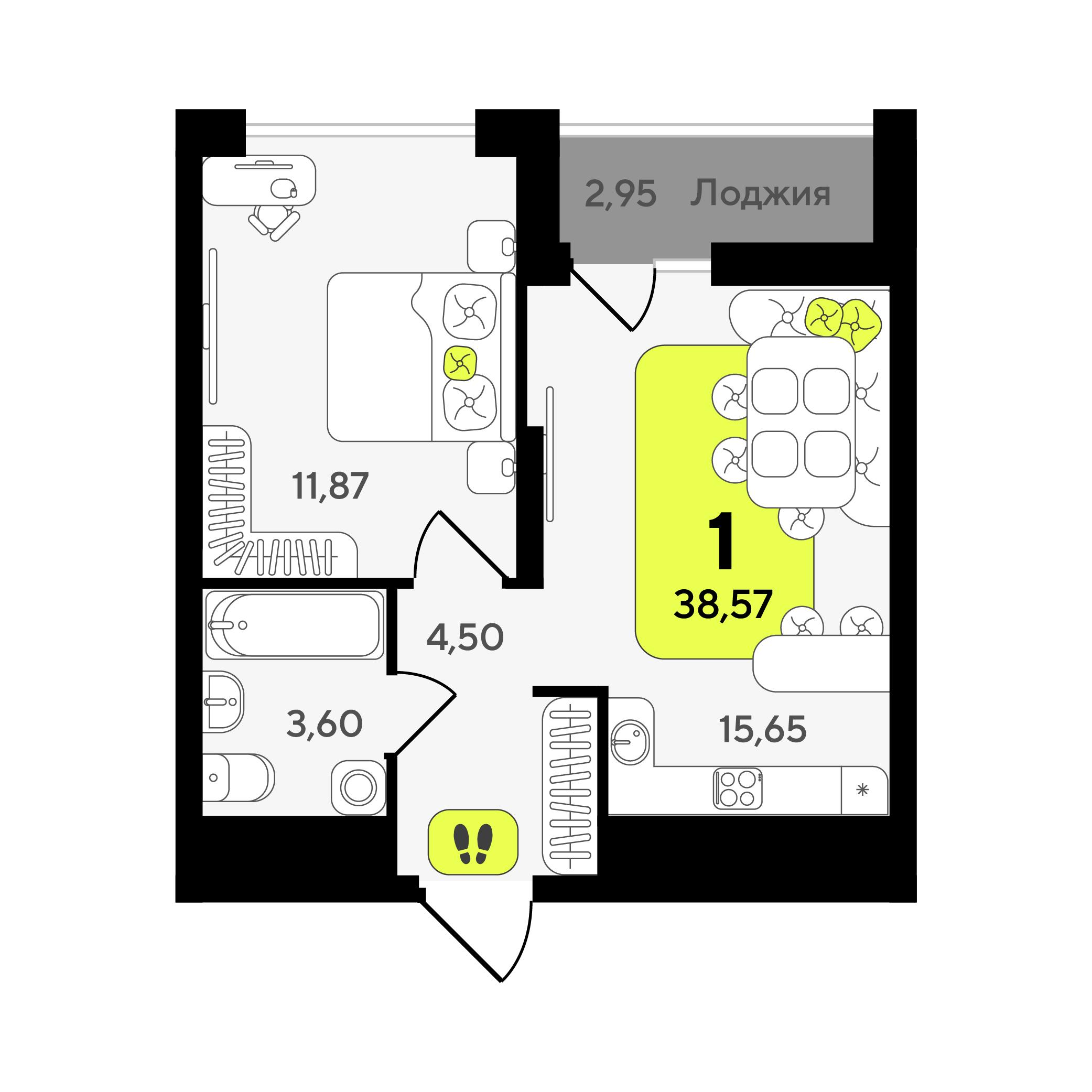 1-комнатная 38 м2 в ЖК Окинава корпус null этаж 8