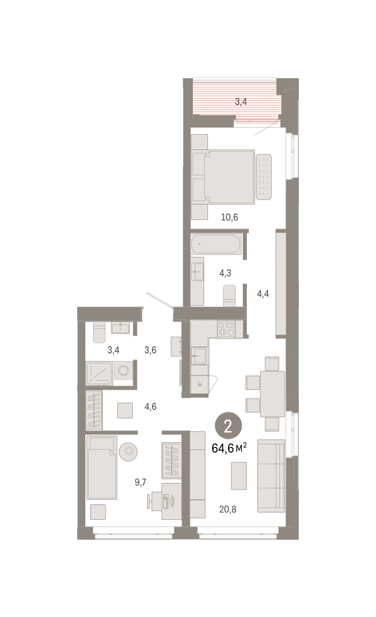 2-комнатная 64 м2 в ЖК Республики 205 корпус null этаж 7