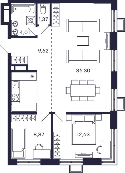 2-комнатная 72 м2 в ЖК Квартал Тетрис корпус null этаж 15