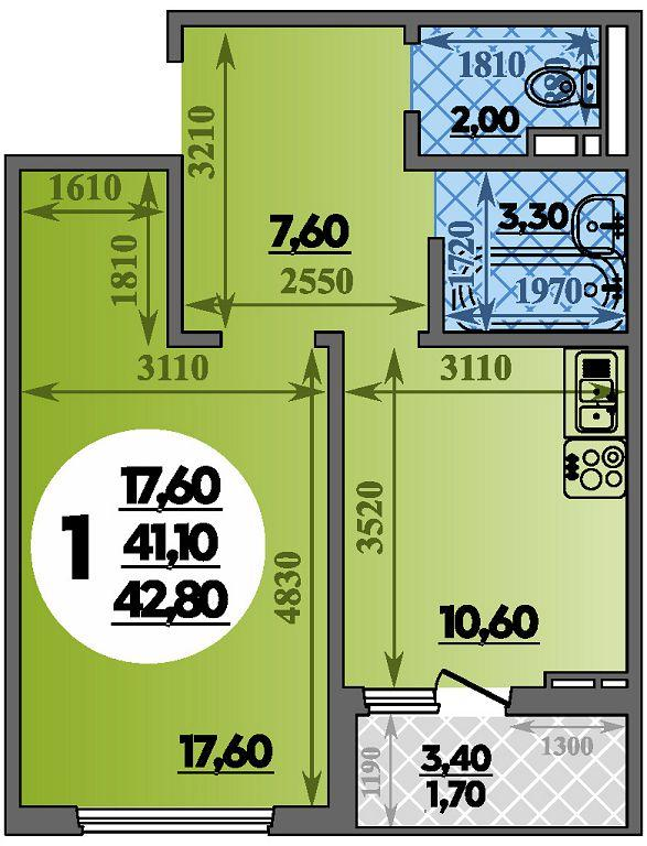 1-комнатная 42 м2 в ЖК Парк у дома корпус null этаж 9