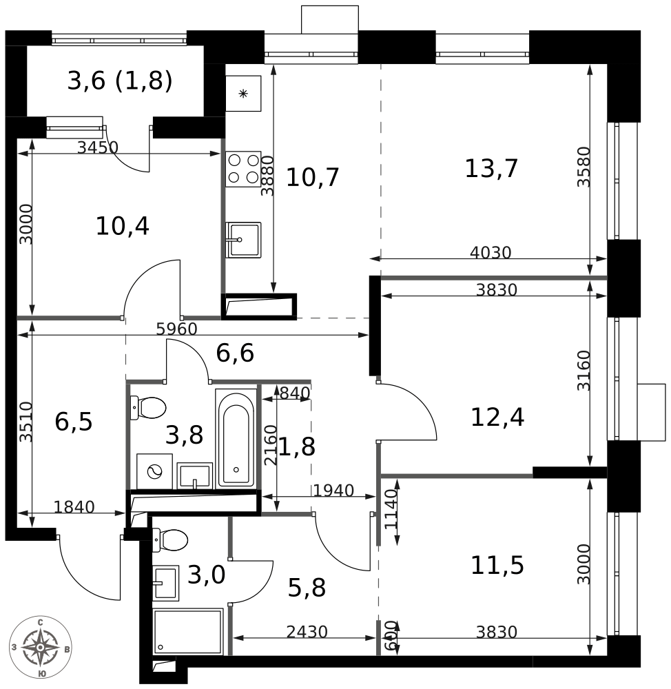 4-комнатная 88 м2 в ЖК 1-й Саларьевский корпус null этаж 5