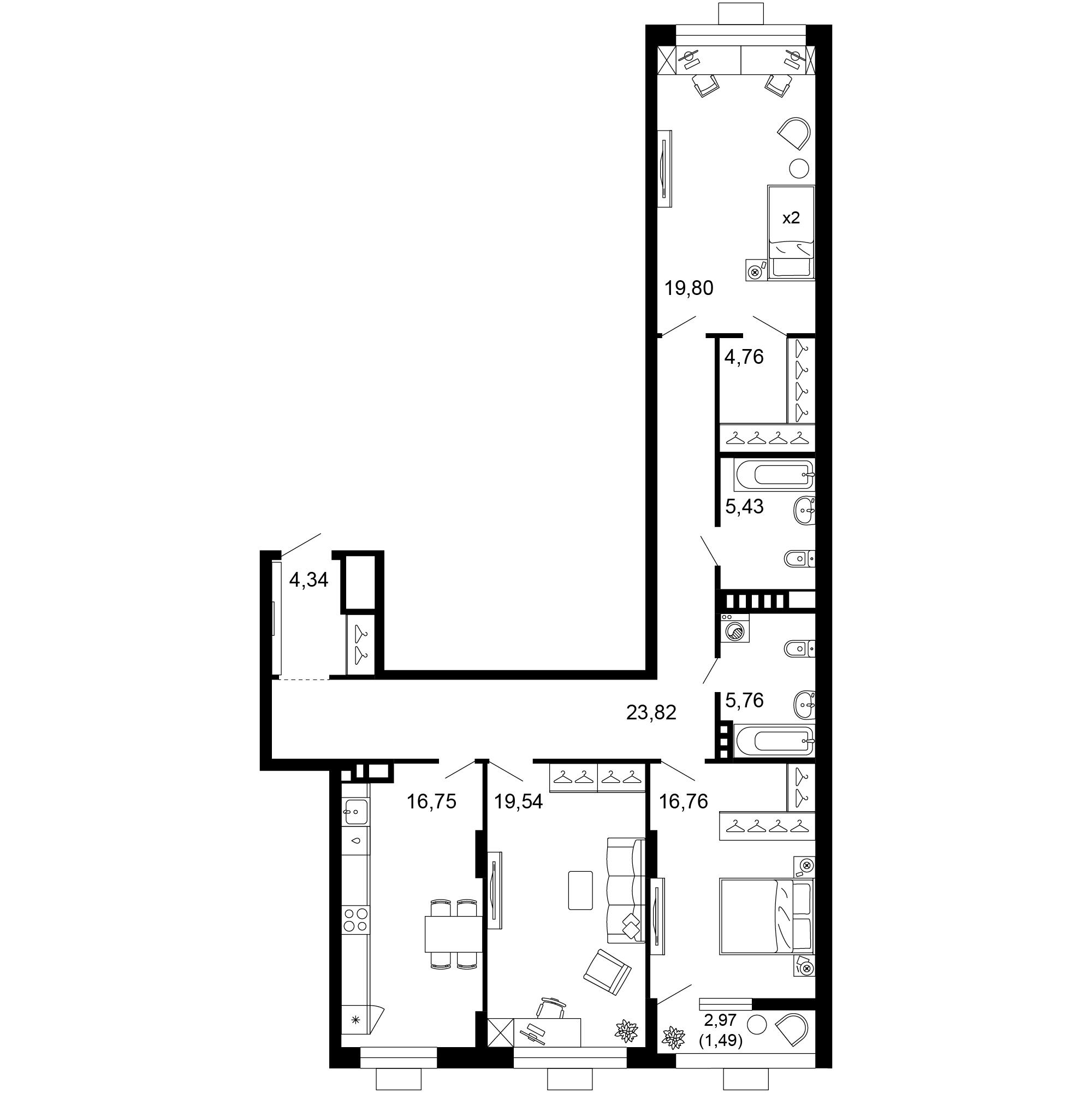 3-комнатная 118 м2 в ЖК 1799 корпус null этаж 10
