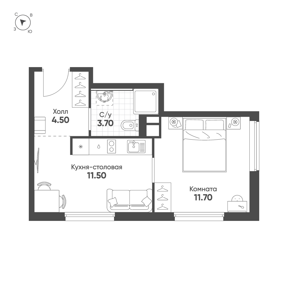 1-комнатная 31 м2 в ЖК АВЕНЮ-АПАРТ ПУЛКОВО корпус null этаж 2
